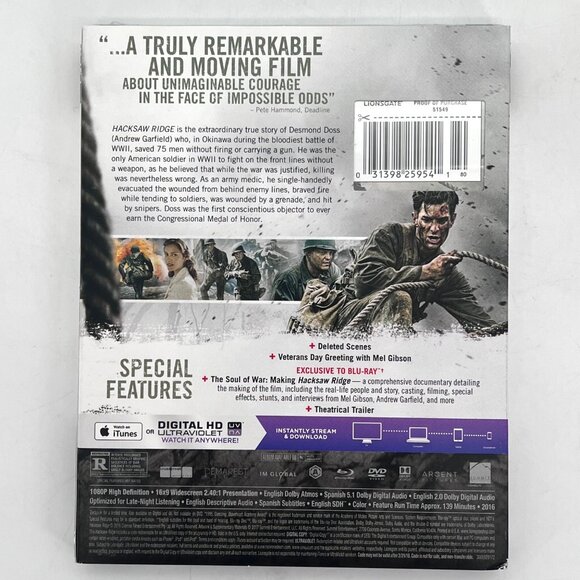 Hacksaw Ridge Blu-Ray DVD Digital HD Combo Pack WWII History Andrew Garfield NEW - Picture 2 of 9